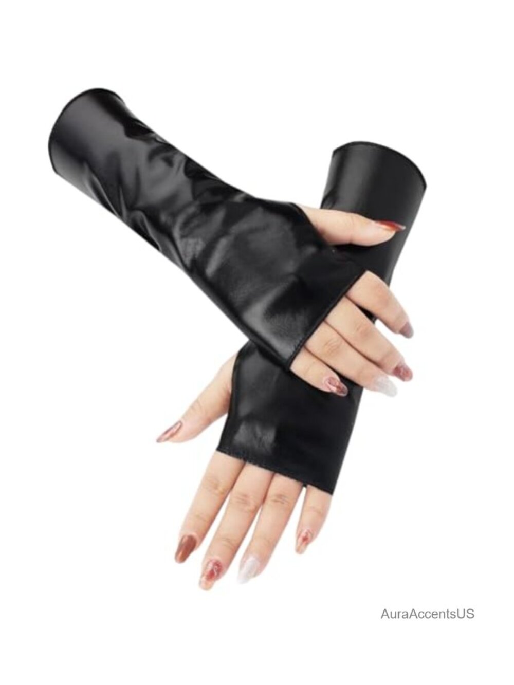 PU Leather Fingerless Gloves Shiny Metallic Gothic Punk Half Palm